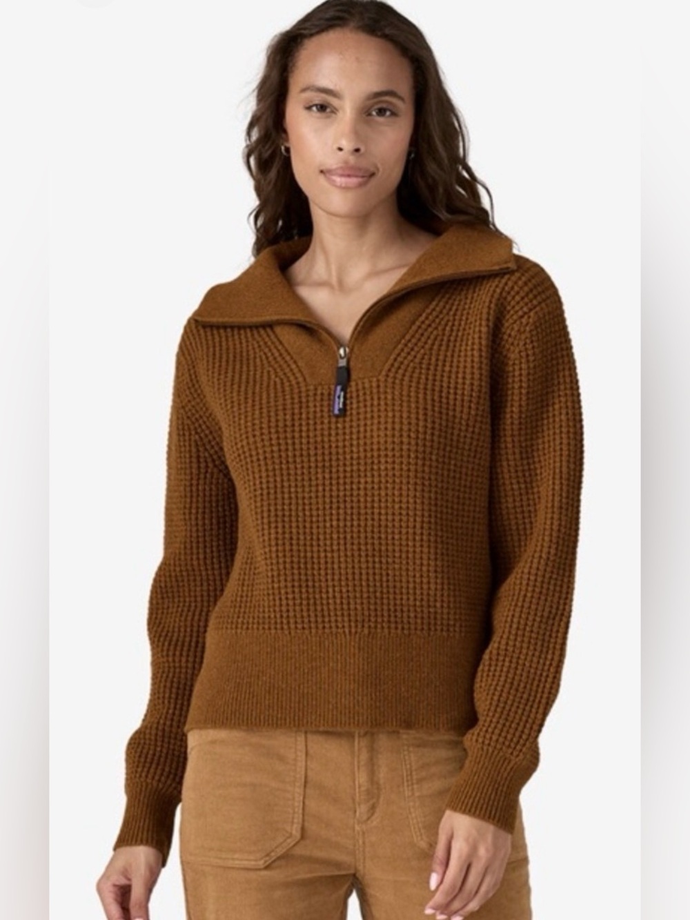 Patagonia 1/4 Zip Recycled Wool Chestnut Brown Waffle Knit Sweater Size Small